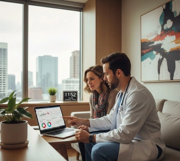 A doctor showing medical data on a laptop screen to a patient during a consultation in a modern healthcare office. -Patient Intake Software for Eye Care Clinics. -1