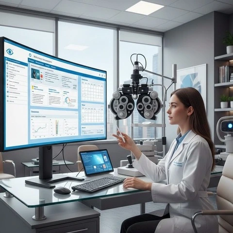 Optometrist using digital management software in a modern eye clinic with diagnostic equipment and patient records on screen. -Basic Software for Small Optometry Practice. -1