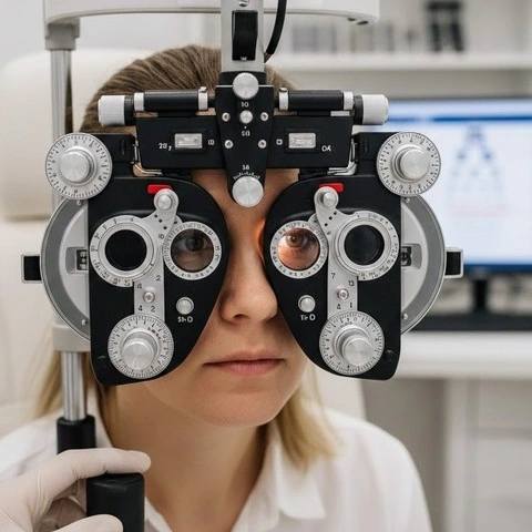 Close-up of a patient undergoing an eye exam using a phoropter in an optometry clinic, illustrating precision vision testing. -Best Optometry Software. -1