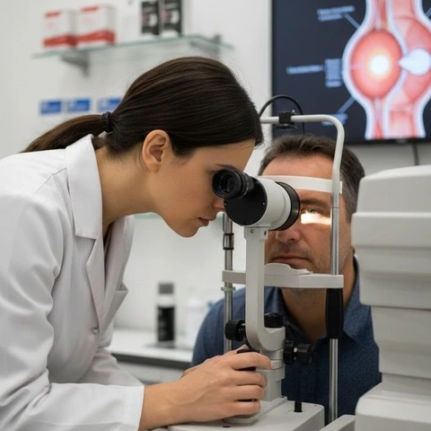 Optometrist examining patient’s eyes with slit lamp biomicroscope in modern eye clinic, professional vision care setup. -Comprehensive Optometry Practice Software. -1