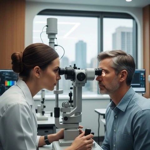 An optometrist using a slit-lamp to examine an adult male patient in a bright, modern eye clinic; clinical precision scene. -How Much Does Optometry Software Cost. -1