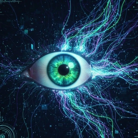 A vibrant digital visualization of a human eye with glowing neural light trails symbolizing advanced vision diagnostics technology. -Optometry Diagnostics Software. -1