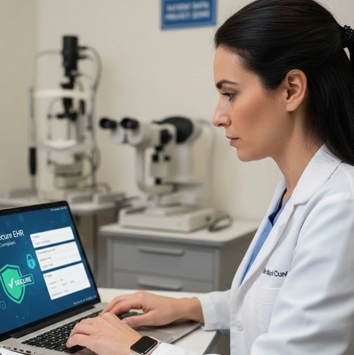 Close-up of an optometrist working on a laptop, symbolizing digital record management and HIPAA compliance in eye care. -Optometry HIPAA Compliance Software. -1