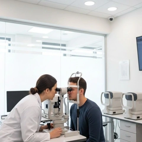 An optometrist examining a patient’s eyes using a slit lamp biomicroscope in a modern clinical setup with bright lighting. -Optometry Software for Multiple Doctors. -1