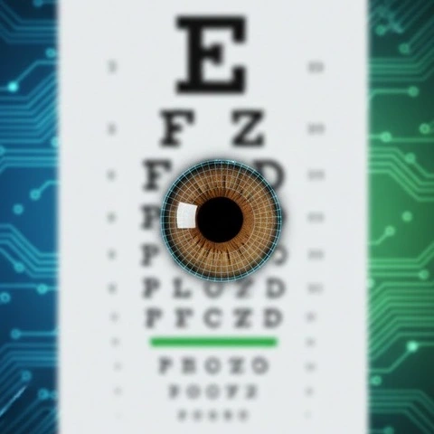 Close-up of a human eye with a blurred Snellen chart in the background, symbolizing precision and digital diagnostics in optometry. -Optometry Software Market. -1