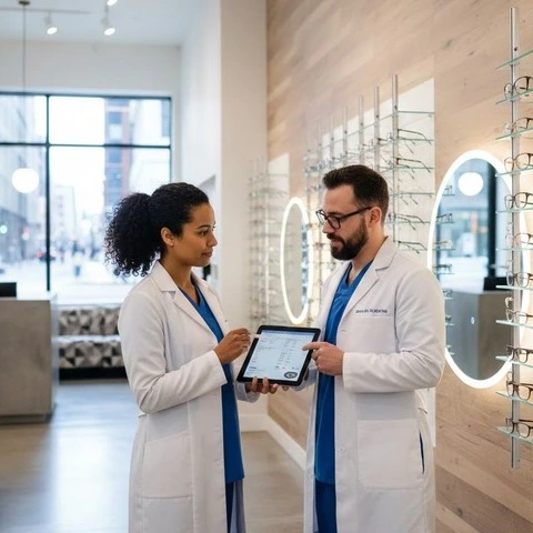 Two optometrists in white coats discussing patient data on a tablet inside a modern optical clinic with eyeglass displays. -Optometry Practice Workflow Software. -1