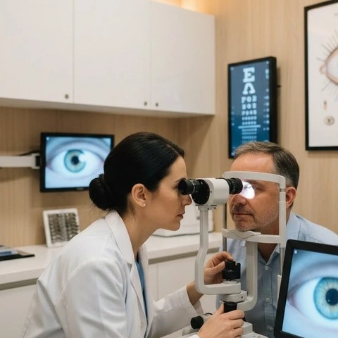 An optometrist conducting an eye examination using slit lamp equipment on a patient in a modern eye clinic setting. -Optometry Chains Software. -1