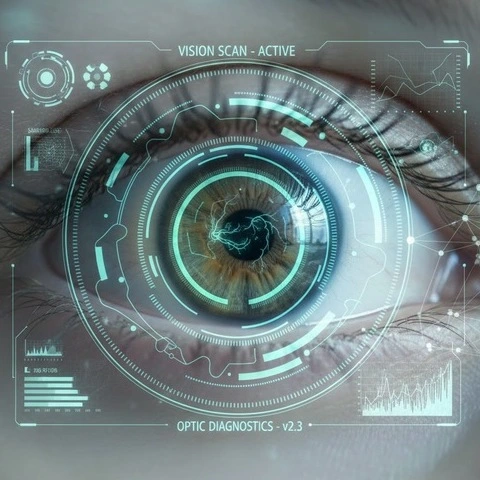 Close-up of a human eye with digital interface overlay, symbolizing futuristic optometry technology and vision diagnostics. -Optometry Software Solution. -1