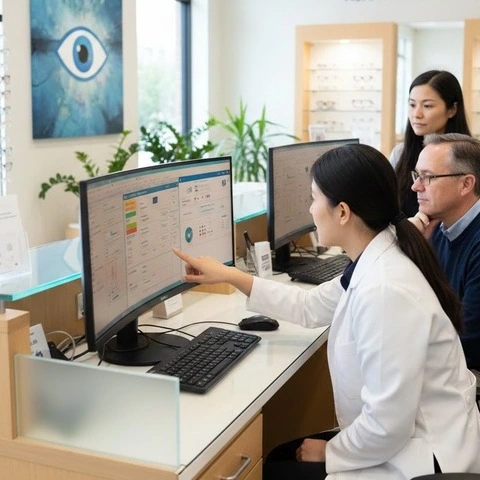 Optometrist assisting patient at reception desk using optometry software on computer in a modern optical clinic environment. -Optometry Software Programs. -1