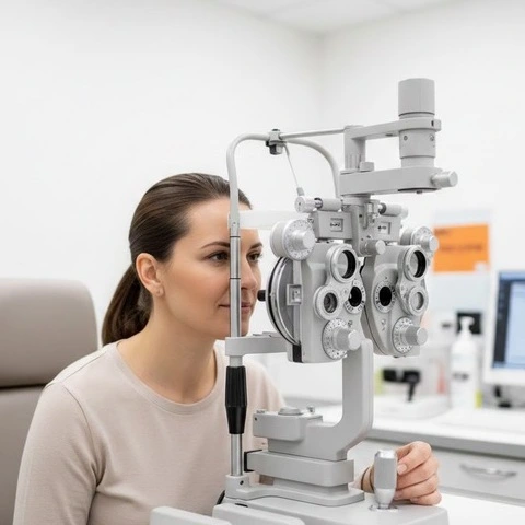 Female patient undergoing eye examination with phoropter during optometry test, clinical setup, white background. -Optometry Software Solutions. -1