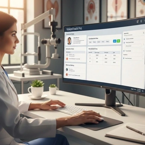 A healthcare professional using optometry software on a desktop computer in a clinical setting for patient data management. -Optometry Softwares. -1