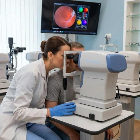 Optometrist examining a patient using a slit-lamp biomicroscope during an eye check-up in a modern clinic setting. -Patient Flow Software for Optometry. -1