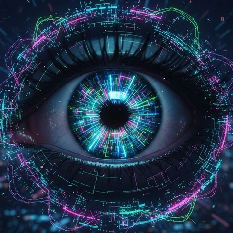 A vibrant digital artwork of a human eye glowing with neon light patterns in blue, green, and magenta tones representing vision tech. -Softwares Used in Optometry. -1