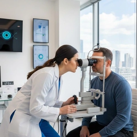 Optometrist examining a patient using a slit lamp in a modern clinic, wearing a white coat, focused eye care. -Software Used in Optometry. -1